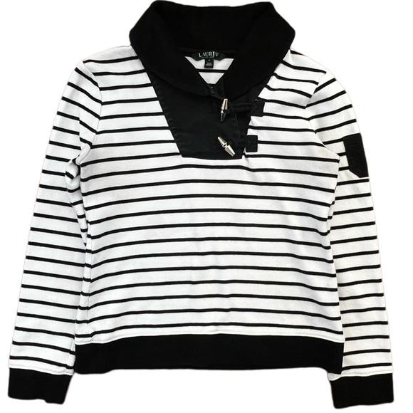 {Ralph Lauren} Quarter Toggle Closure Cowl Neck Striped Lightweight Sweater - Picture 1 of 6